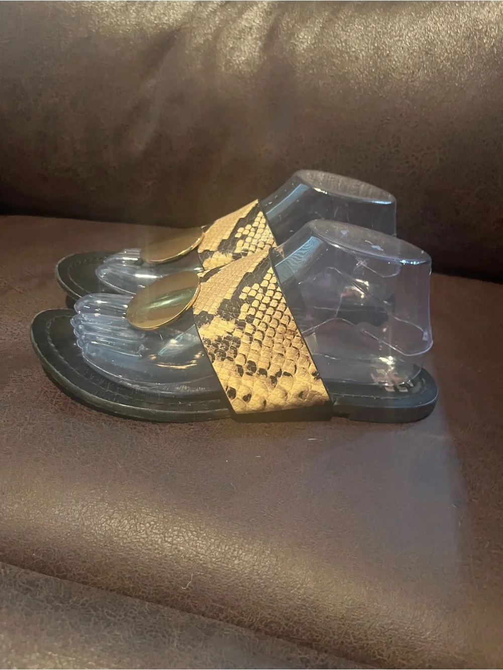Tory Burch Black & Tan Snake-Print Slide Mules with Gold Disc